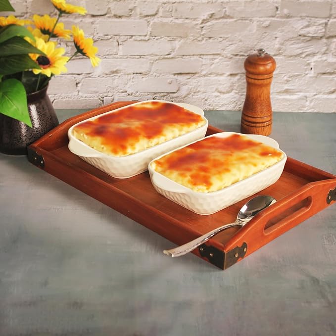 7" x 4.5" Rectangular Porcelain Baking Dish Set,Au Gratin Dishes,Casserole Dish, Ramekins 16 oz Bakeware Set of 2, Lasagna Pans for Cooking, Cake Dinner,Kitchen, Carry Handles Beige
