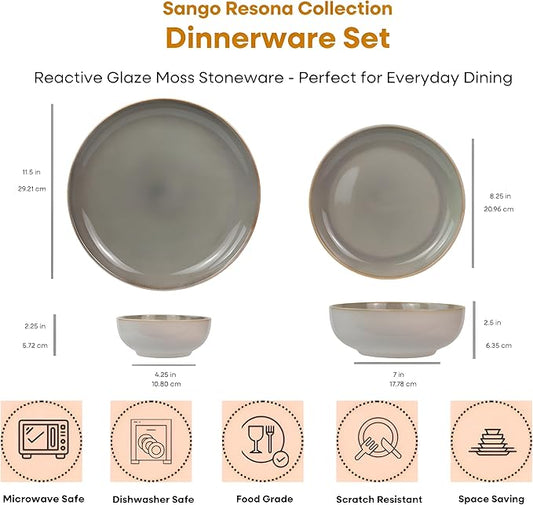 Sango 16-Piece Stoneware Dinnerware Set for 4, Glossy Cream/Green Plates and Bowls Sets with Reactive Glaze, Ceramic Dish Set, Modern Dishes for Everyday Use, Microwave & Dishwasher Safe, Resona Moss