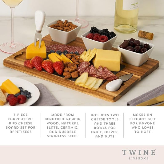Twine Acacia & Slate Cheese Board Set - Charcuterie Board Bowls and Knives - Slate Cheese Tray Wood Cheese Board - 7-Piece Set of 1, Brown