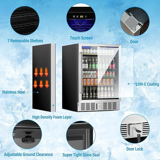 24 inch Beverage Refrigerator Cooler, 5.3 Cubic/166 Can Large Fridge with Glass Front Door for Soda, Beer or Wine, Under Counter Small Refrigerator with Adjustable Shelves and Digital Display