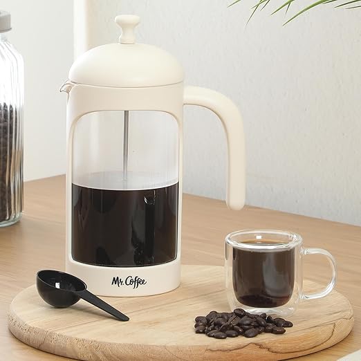 Mr. Coffee Retro Brew French Press Coffee Maker, 31-Ounce Glass Carafe with High Heat Resistant Durable Borasilicate Glass & Cream Frame and Plunger, Includes Coffee Scoop