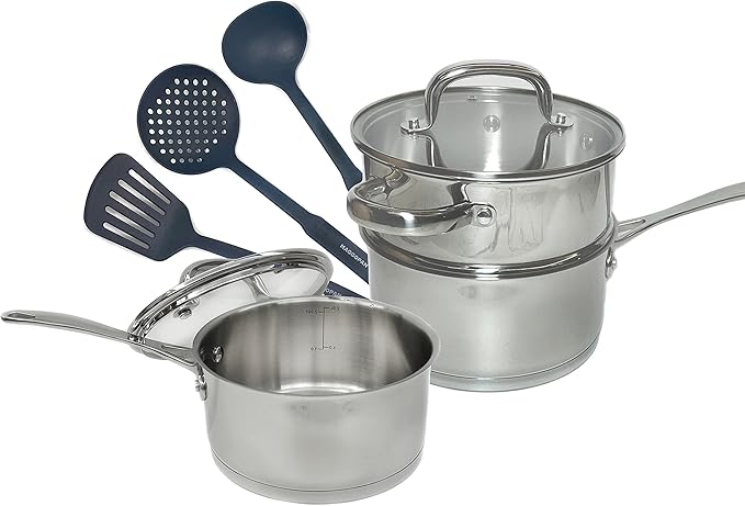 MAGGOPAN Stainless Steel Saucepans Nylon Tools 8 pcs set Glass Lid Induction Impact Bonded Right Angles