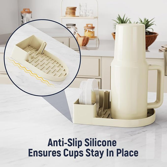 NiHome Silicone Water Bottle Drying Rack Compatible with Stanley Tumblers 20-40oz, Mugs, Wine Glasses, Compact Portable Cup Dryer Stand with Anti-Slip Base for Countertops, RVs & Travel (Cream)