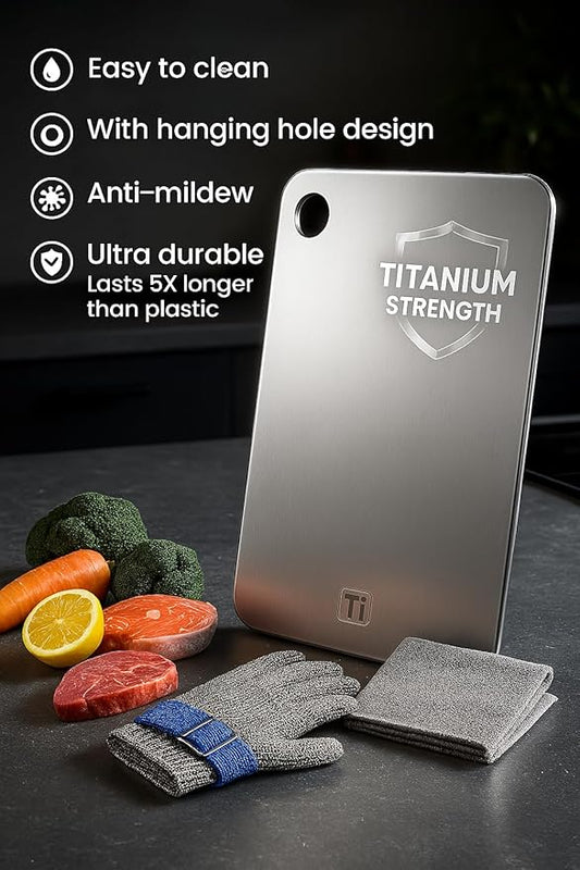 "100% Titanium Cutting Board - Pure Titanium Board for Kitchen, Includes Cut Resistant Gloves, Durable & Authentic for Home and Professional Chefs (Large)"