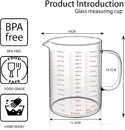 1500ml/6 Cup Glass Measuring Cup,Measuring Cup with 3 Scales(Ml,Oz,Cups),Measure Cups for Kitchen,Restaurant
