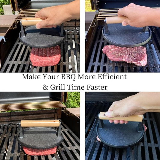 Evelots Cast Iron Burger Press - Heavy Duty Pre-Seasoned Burger Smasher for Grill - Weighted Press for Meat, Grilled Cheese, Panini - Cook Evenly & Faster - Round Wood Handle