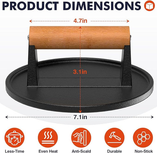 LLAMA VIVA 7.1" Smash Burger Press, Cast Iron Grill Press with Short Wood Handle - Round, Juicy and Crispy Burgers for BBQs, Cookouts - 1Pcs