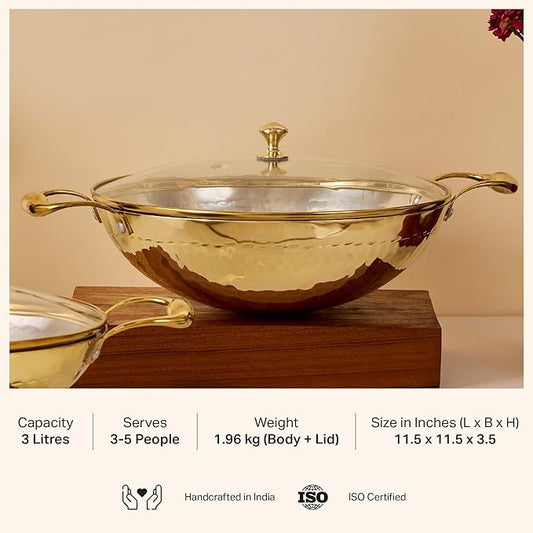 P-TAL Brass Kadhai 3L with Insulated Heat-Resistant Handle and Glass Lid | 100% Pure Brass Tin Coated Kadai for Cooking | Non-Stick and Chemical-Free (Free 30ml Copper & Brass Cleaning Solution)