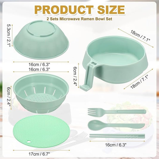 uxcell 2 Sets Microwave Ramen Bowl Set, Wheat Fiber Noodle Bowls Plastic Cooker with Lid Handle Fork Spoon Chopsticks for College Dorm Room Apartment, (Green)