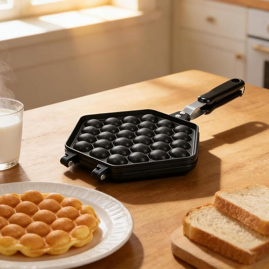 Bubble Waffle Pan, Cast Aluminum Non Stick Stovetop Maker with Cool Touch Handles for Home Use, Gas Stove Compatible Waffle Iron for Cafe Party and Teahouse