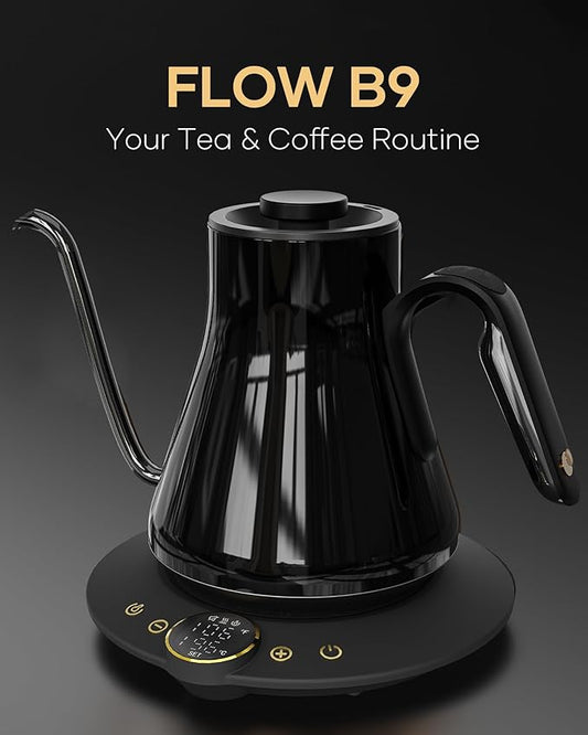 Cocinare FLOW B9 Gooseneck Electric Kettle, Precise Temperature Control for Pour-Over Coffee & Tea Brewing, Stainless Steel Interior, Rapid Heating for Boiling Water 0.9L (Soulages Black)