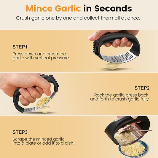 Garlic Press,Stainless Steel Garlic Mincer Crusher,Ergonomic Handle,Easy to Use,Easy to Clean,Effort-Saving Kitchen Gadgets-Black