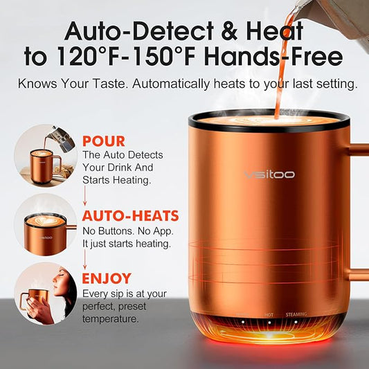 Vsitoo S3 Plus 14oz Heated Coffee Mug - Temperature Control Smart Mug with Mug Warmer, Auto-Sensing AI Heats Drinks to 120-150°F Hands-Free.Ideal for Home/Office/Gifts,Copper