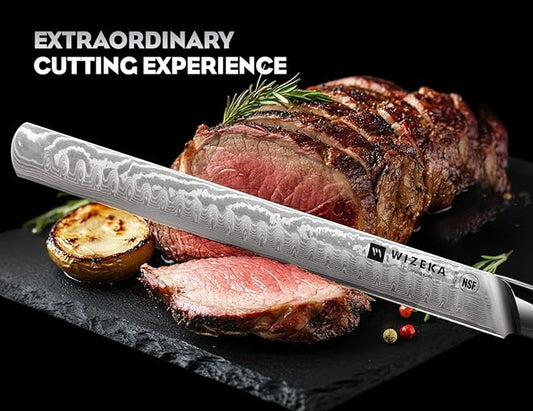 WIZEKA 12 Inch Damascus Slicing Knife - Ultra Sharp, Full Tang Carving Knife with G10 Handle, Great for Slicing Roasts, Meats, Fruits