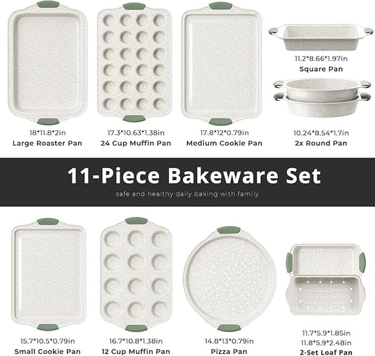 Slow Slog 11-Piece Non-Toxic Baking Set, Stackable Nonstick Cookware with Heat-Resistant Handles - Includes Cookie Tray, Round Cake Pan, Muffin Cups, Pizza Pan & Loaf Baker, White&Light Green