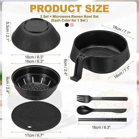 uxcell 2 Sets Microwave Ramen Bowl Set, Wheat Fiber Noodle Bowls Plastic Cooker with Lid Handle Fork Spoon Chopsticks for College Dorm Room Apartment, (Black/Pink)