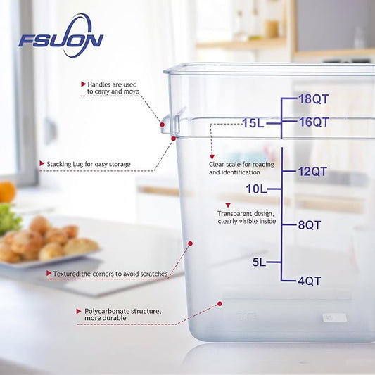 FSUON 4 Pack Clear Food Storage Containers with Lids and Handles Polycarbonate Square Commercial Food Containers, NSF (18Qt)