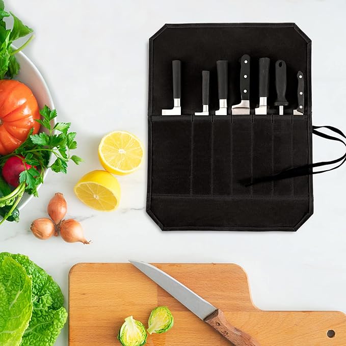 HERSENT Chef’s Knife Roll Case, Waxed Canvas Cutlery Knives Holders Protectors, Home Kitchen Cooking Tools And Utensils Wrap Bag Wallet, Multi-Purpose Brush Roll Bag, Travel Tool Roll Pouch
