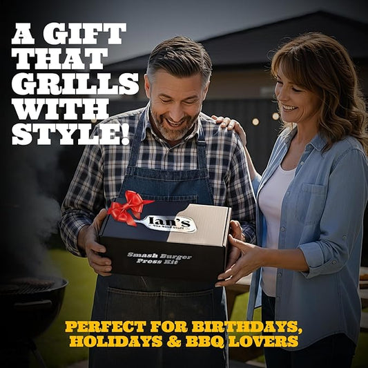 IAN's Smash Burger Press Kit - Cast Iron Burger Press (6.5 in), Smash Burger Spatula, Patty Pakers & Seasoning Shaker - Griddle, Flat Grill, Hibachi Accessories - Gifts for Dad