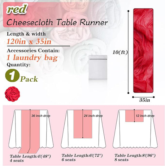 Red Cheesecloth Table Runner 1 Pack 35" Boho Gauze 120 inches Long Runner Rustic Sheer Fabric Bulk for Baby Shower Wedding Bridal Birthday Party Picnic Table Decorations