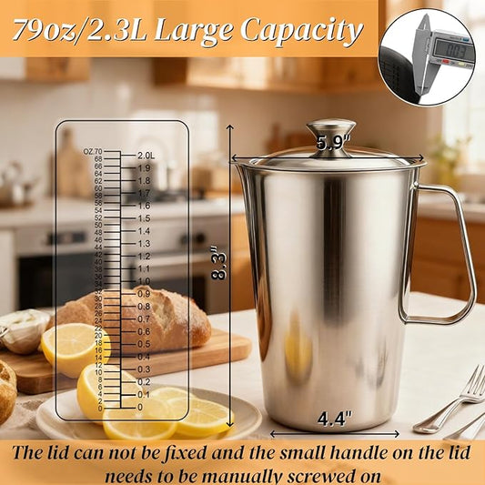 Stainless Steel Pitcher with Lid, 79oz/2.3L 304 Metal Measuring Cup with Marking&Handle, Large Mouth Graduated Beakers, Milk Frothing Jug Water Pitcher for Coffee Latte Art Machine Iced Hot Tea