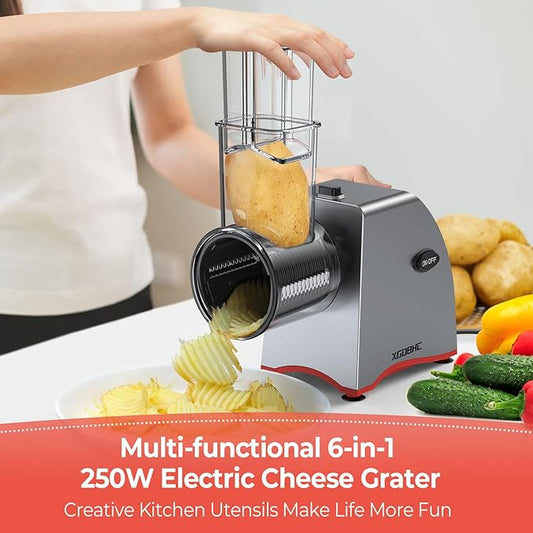 Electric Cheese Grater, Salad Maker with 6 Replaceable Multi-use Blades, 250W Electric Cheese Shredder, One-Touch Kitchen Slicer Salad Machine for Vegetables, Fruits, Cheeses, Nuts