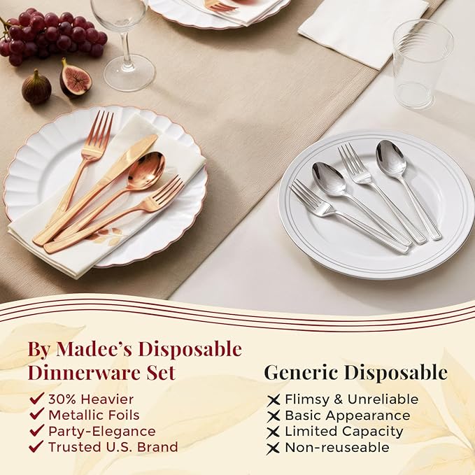 By Madee HEAVYWEIGHT Fancy Disposable Dinnerware Set – 175-Piece Ivory and Scalloped Rose Gold DisposablePlates, Cutlery & Linen-Feel Napkins, Elegant Nice for Weddings & Party (25 Guests)