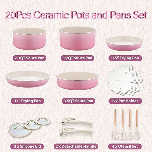 20pcs Ceramic Cookware Set Nonstick, Detachable Handle Pots and Pans Set, Non Toxic,No PFAS & PTFE & PFOA, Dishwasher/Oven Safe, RV Kitchen Set Removable Handle for Cooking, Pink