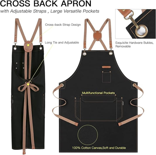 Chef Apron with Cross Back Straps for Men Women, Cotton Canvas Apron for Artists Painting, Kitchen Cooking