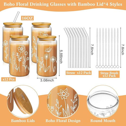 Mumufy 12 Pack Wedding Glass Tumblers Boho Floral 16oz Iced Coffee Cups with Bamboo Lids and Straws Elegant Bridal Shower and Bridesmaid Gifts