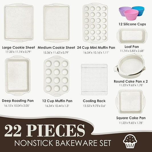 Baking Pans Set Nonstick, Stackable Bakeware Sets with Silicone Handles, AIVIKI 22 Pieces Oven Pan for Cooking Including Baking Cookie Sheet with Rack, Roast Pan, Cake Pan, Loaf Pan, Muffin Pan, Cream