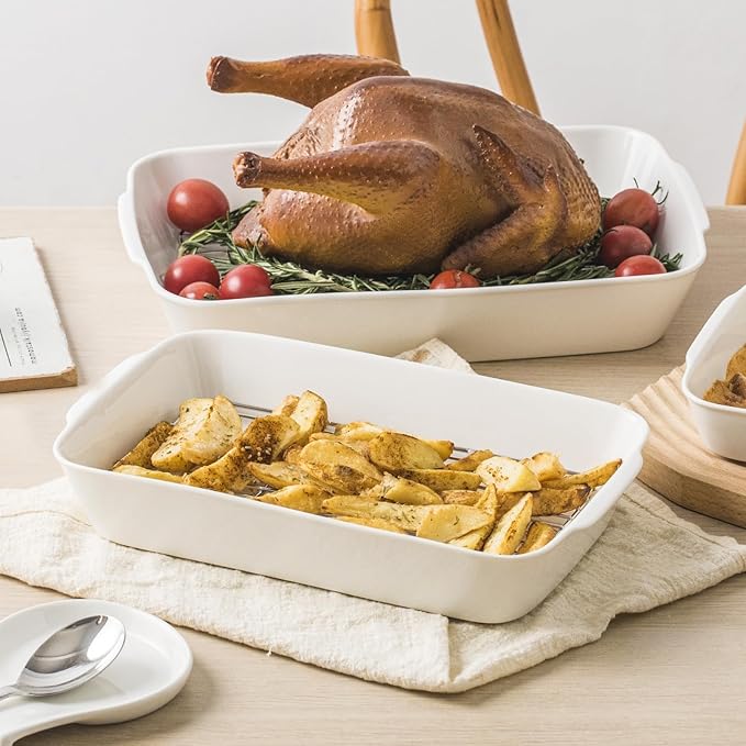 3.3 QT Ceramic Baking Dish, White Casserole Dish,Lasagna Pan for Oven, Bakeware for Baking, Kitchen Decor, Microwave Oven Safe, Dinner Party (8.7" x 11.8")