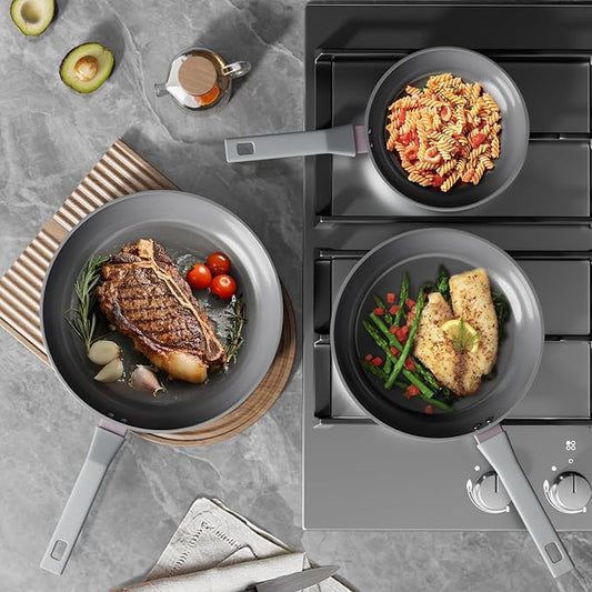 Sanho Diamond-Titanium Ceramic Frying Pan Set (8+10+12 Inch), Non Stick Frying Pan Set PFAS PFOA PTFE Free, Dishwasher Safe & Induction Compatible Cookware Set with Cool Bakelite Handle, Gray