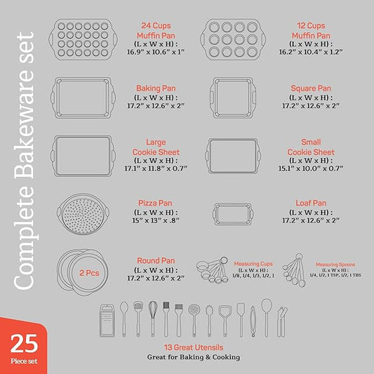 Emporio Kitchen Baking Pan Set - Nonstick Coating, Carbon Steel Bakeware Set with White Silicone Handle, PFOA, PFOS, PTFE Free, Recipe Booklet Included, Oven Safe Tray (Up To 450° F) Set of 25 - White
