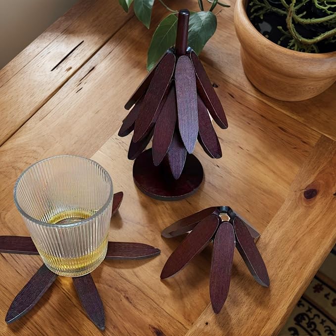 Tree Shape Trivet Set,Natural Wooden Walnut Color,5 Wooden Trivets + 1 Stand for Hot POTS、Bowls、Hot Dishes、Teapot,Foldable Kitchen Decor.