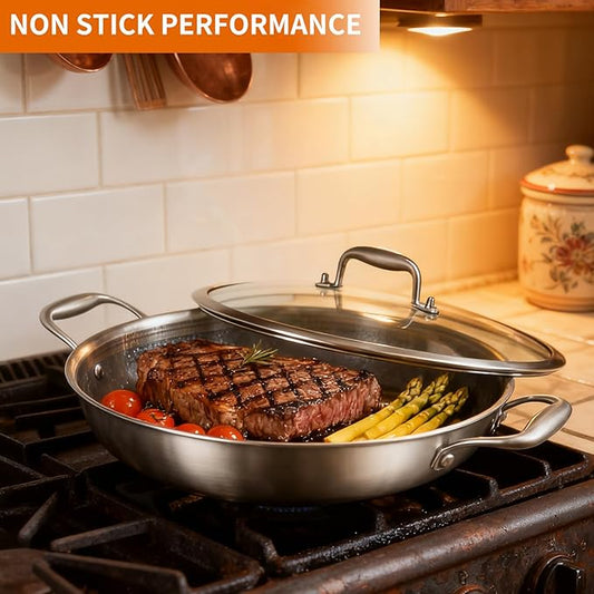 DELARLO Wok Pan With Lid 12 Inch Non stick wok,Oven Safe Up to 600℉,Woks & Stir-Fry Pans Nonstick,Tri-Ply Stainless Steel Wok, 5QT Nonstick Deep Frying Pan, Induction Saute Pan With Lid