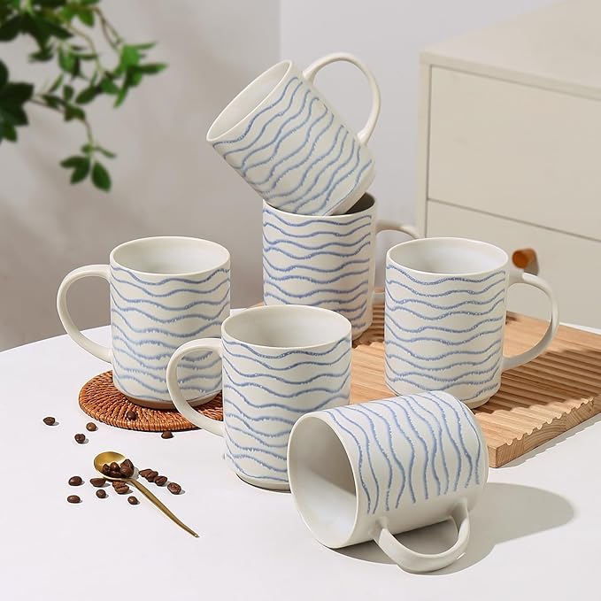 Ceramic Mugs Set of 6, 17oz Coffee Mugs with Handpainted Blue Stripe Pattern, Modern Stackable Coffee Cups, Dishwasher and Microwave Safe Mugs for Coffee, Tea, Milk