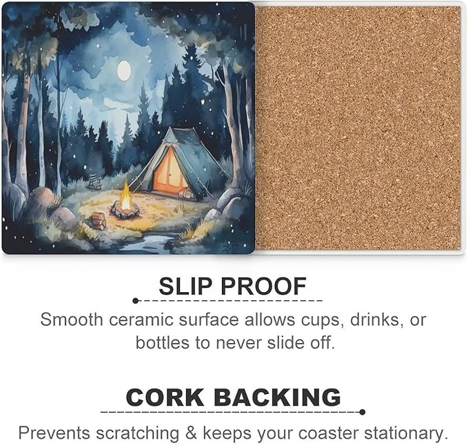 Square-4PCS Forest Ceramic Coasters, Square Absorbent Drink Coasters, Watercolor Mountain Forest Nature Tree Woodland Camping Ceramic Table Coasters for Coffee, Beverage, Wine, Beer Coasters