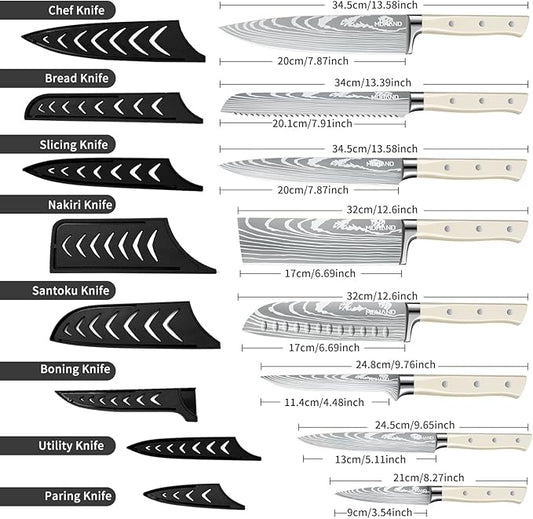 MDHAND Professional Chef Knife Set with Roll Bag, 9PCS Japanese Kitchen Knife Set with Sharpener, High Carbon Stainless Steel Kitchen Knives - Forged Triple Rivet, Dishwasher Safe, Chef Gifts, White