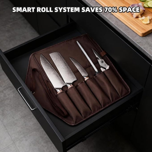 KOFERY Hand Forged Damascus Chef Knife Set with Roll Bag and Sharpener - Ideal for Culinary, Camping and BBQ(Natural-Wood Handle)