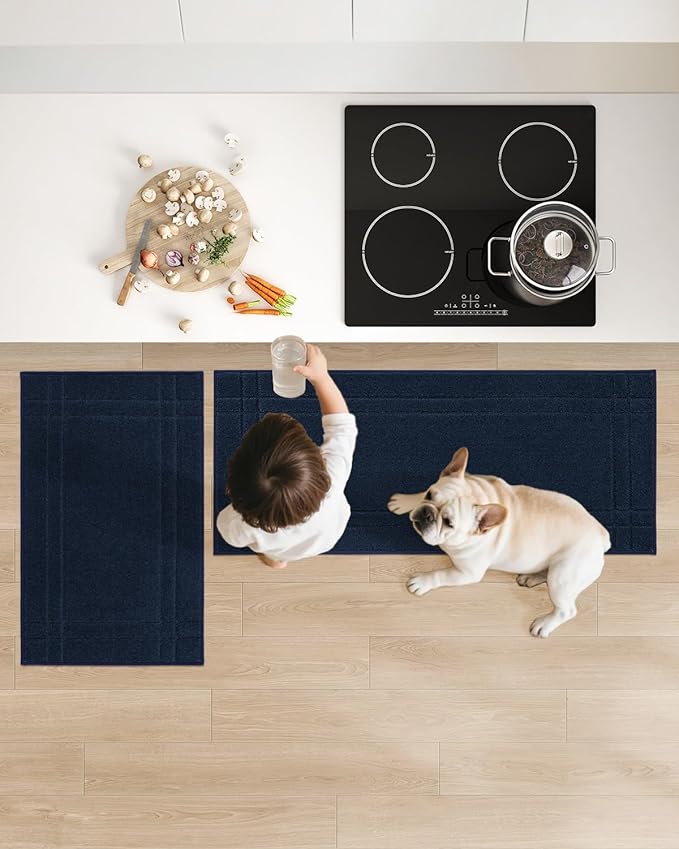 JSEI Kitchen Mats for Floor, Non-Slip Kitchen Rugs, Soft Washable Absorbent Kitchen Mats 2 PCS, Kitchen Runner Rug with TPR Backing, Polyester, 20"x32"+20"x48", Navy Blue