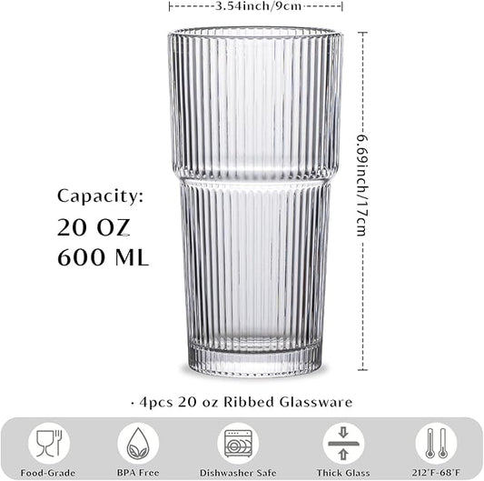 INSETLAN 20oz Ribbed Glass Tumbler Set of 8 – Large Capacity Drinking Glasses for Iced Coffee, Water, Juice, and Cocktails – Elegant Modern Glassware for Everyday Use and Special Occasions