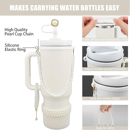 Cup Accessories for Stanley 30/40oz Tumbler containing Pearl Straw Cover Topper, Silicone Cup Boot, Water Bottle Handle Strap& Pearl Bracelets Charms(White Pearls)