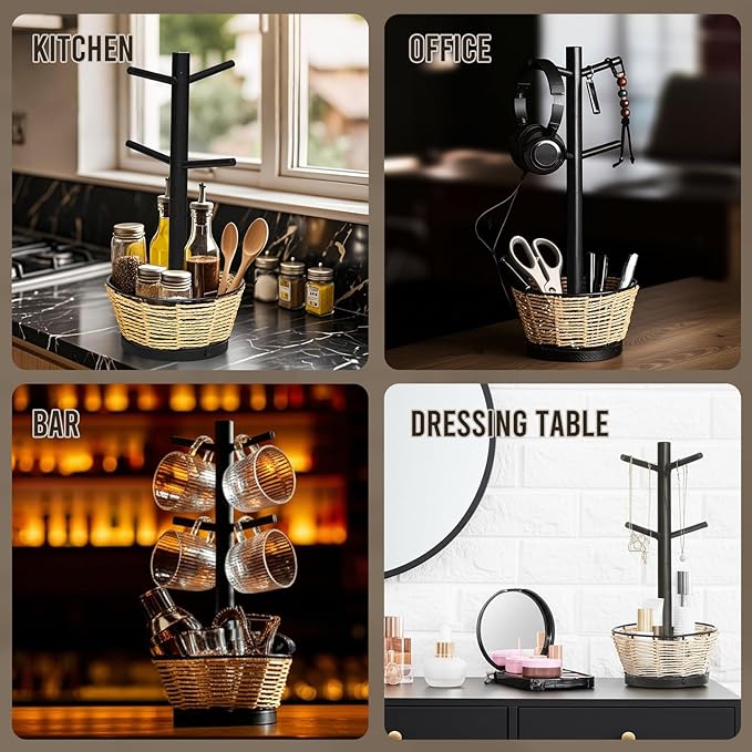 Wood Mug Holder Tree With Woven Basket, 4 Hooks Coffee Mug Holder, Countertop Mug Tree For Kitchen Counter Cabinet Coffee Bar Accessories Cup Display Organizer Hanger(Black)