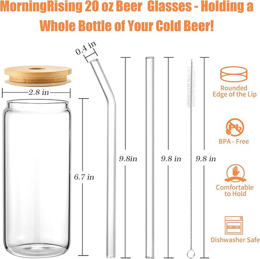 Glass Cups with Lids and Straws 20oz, 12psc Glass Drinking Set, Beer Can Cups with Bamboo Lids, Tumbler Cup with Straw for Ice Coffee, Cocktail, Whiskey, Soda Boba Tea -2 Cleaning Brushes.