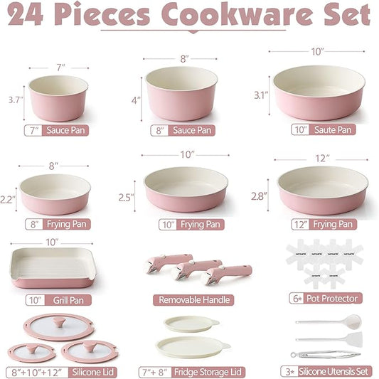 SENSARTE 24 Piece Ceramic Pots and Pans Set, Nonstick Detachable Handle Cookware, Induction Kitchen Cookware Set with Removable Handle, Healthy Non Stick for RV, Dishwasher&Oven Safe, PFOA Free (Pink)