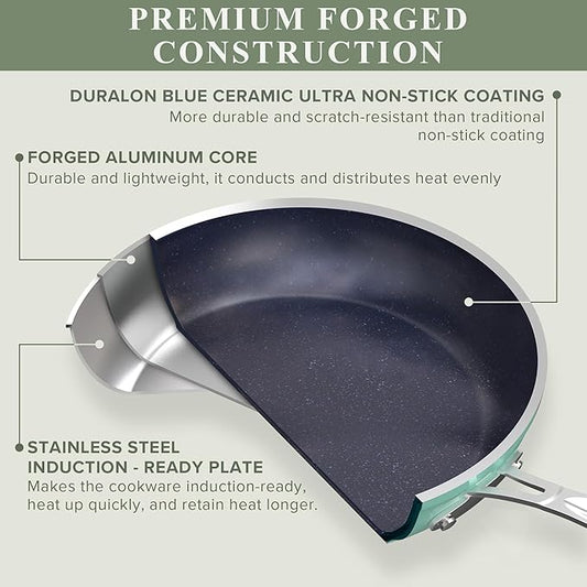 Nuwave Healthy Duralon Blue Ceramic Nonstick Cookware Set, Diamond Infused Scratch-Resistant, PFAS Free, Dishwasher & Oven Safe, Induction Ready & Evenly Heats, Tempered Glass Lids & Stay-Cool Handles