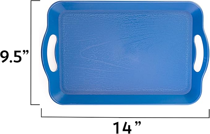 Handled Cafeteria Tray - 14" x 9" Rectangular Wood Grain Textured Plastic Food Serving TV Tray - Great for Restaurant Buffets, Diners, School Lunch, Cafe Commercial Kitchen and More (Blue)