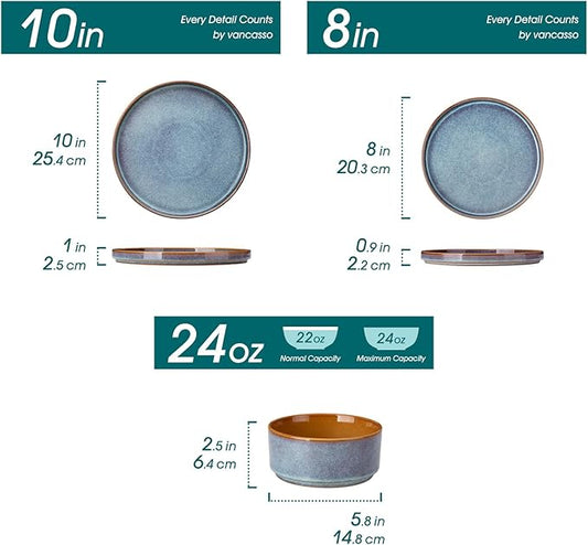 vancasso ONION Ceramic Plates and Bowls Sets, 12 Pieces Blue Dinnerware Sets for Kitchen, Reactive Glaze Dishes Set for 4, Dishwasher and Microwave Safe
