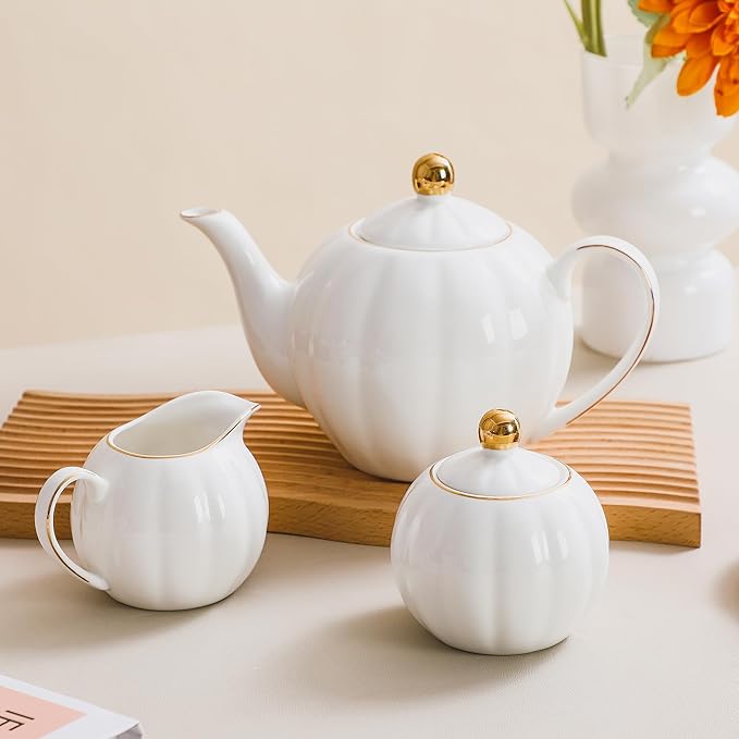 White and Gold Porcelain Sugar Bowl and Creamer Set - 12oz Lidded Sugar Pot & 10oz Milk Jug with gold rim, Elegant Tea and Coffee Accessories, Table Decor and Gift